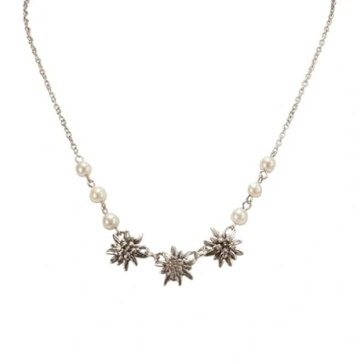 Abbildung von Alpenflüstern Metall Trachtenkette Strass Edelweiss Triologie Damen Trachtenschmuck Dirndlkette (antik silber farben) DHK337