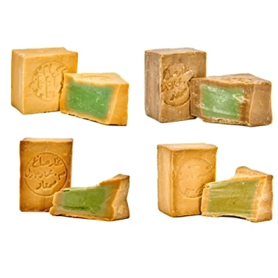 Abbildung von Carenesse® original Aleppo Seifen 4er Paket selfcare Olivenölseifen mit Lorbeerölanteilen 5% 15% 20% 40% Haarseife Duschseife Naturseife