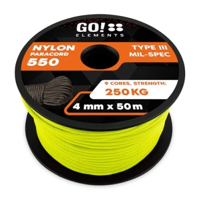 Abbildung von GO!elements 50m Paracord Seil aus reißfester Nylonschnur 4mm 550 Typ III Schnur Allzweckseil &amp; Reepschnur Max. 250kg, Farbe:Neon