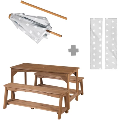 Abbildung von roba® Garten Kindersitzgruppe »Outdoor+«, (Set, 3 tlg.), Tisch und 2 Bänke mit Sitzauflage, Schirmset