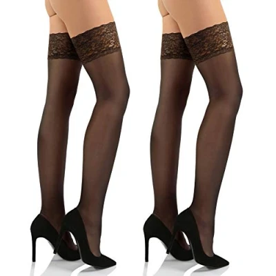 Abbildung von sesto senso Halterlose Strümpfe mit Spitze 2er Pack 15 DEN Feinstrümpfe Damen 3/4 M/L Schwarz