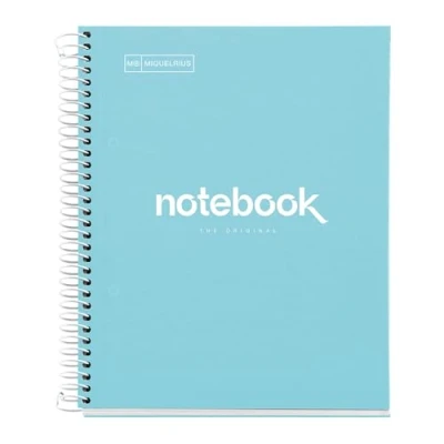 Abbildung von Miquelrius Notizbuch A5 Notebook, 1 farbiger Streifen, 80 Blatt mit raster 5 x mm, Papier 90 g/m² mikroperforiert 2 Bohrungen für Ringe, Einband aus Karton, Farbe Himmelblau