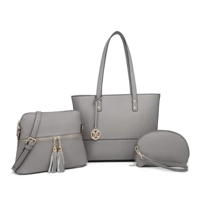 Abbildung von Miss Lulu Damen Handtasche Henkeltasche 3 Stück Sets, große Shopper Tote Bag, Umhängetasche mit Quaste Geldbörse verstellbare Schulterrie (Grau)