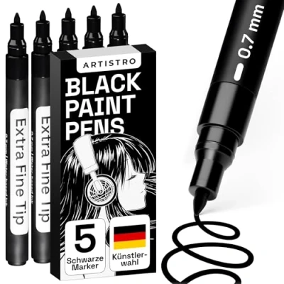 Abbildung von Artistro 5 Acrylstifte Schwarz, Zeichenstifte, Stifte für Steine, Felsmalerei, Keramik, Glas, Holz, Metall, Leinwand, DIY, er Set Acrylfarbe Permanent Marker auf Wasserbasis mit Extra Feiner Spitze