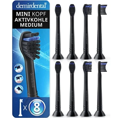 Abbildung von 8er demirdental Mini Aktivkohle Aufsätze passend für Philips Sonicare Ersatzbürsten, kleine Bürstenköpfe punktgenaue und natürliche Reinigung, Schwarz, Medium, entspricht HX4088mb