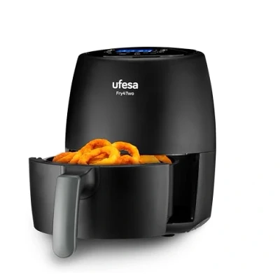 Abbildung von Ufesa Fry4two Heißluftfriteuse, 2L, 6 Programme, 1200W, Timer, Temperatur 80ºC 200ºC, BPA frei, Antihaft Topf und Tablett, Körper/Griff mit Kälte Touch, Schwarz