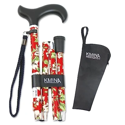 Abbildung von KMINA PRO Gehstock Klappbar, Damen Blumen, Herren Elegant, Faltbar, Aluminium Höhenverstellbar, Spazierstock Rote Blumen