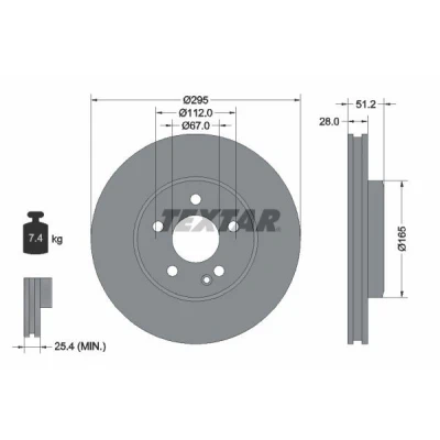 Abbildung von TEXTAR PRO 92241603 Bremsscheibe 295 28 05/06 112 innenbelüftet beschichtet ohne Radbefestigungsbolzen, Radnabe MERCEDES BENZ: A Class, CLA Coupe