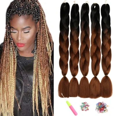 Abbildung von ShowJarlly Jumbo Braid Kunsthaar Haar, Ombre Extension, 24 Zoll Kanekalon Haar Flechten Extensions 5 Stücke Für Crochet Twist Box Zum Einflechten Zöpfe Schwarz/Dunkelbraun#