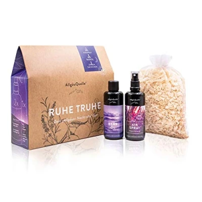 Abbildung von AllgäuQuelle® Bio Geschenk Set Nachtruhe mit 100% Öle 1x Airspray 100ml + Badeöl Allgäuer Zirben Duftsäckchen. Duftspray, Badeduft, Säckchen