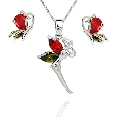 Abbildung von Crystalline Azuria Fee Tinkerbell Schmetterling Schmuck Set mit Bunt Zirkonia Kristalle Halskette Ohrstecker Ohrringe 18 kt Weiß Vergoldet