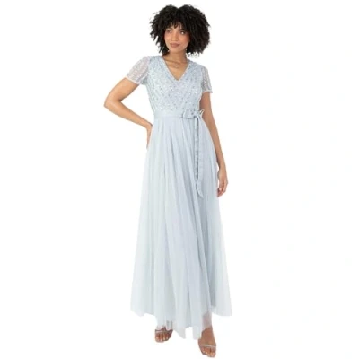 Abbildung von Maya Deluxe Damen Maxi Dress for Women Ladies Bridesmaid V Neck Ball Gown Short Sleeves Long Elegant Empire Waist Wedding Brautjungfernkleid, Eisblau, 46