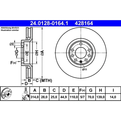 Abbildung von ATE 24.0128 0164.1 Bremsscheibe 314,0 28,0 5 110,0 Belüftet beschichtet hochgekohlt mit Schrauben OPEL: Vectra C Saloon, Signum CC, Caravan