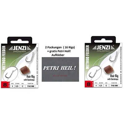 Abbildung von Set: 2 Packung (16 Rigs) Method Feeder Hair Rig von Jenzi mit Gummi Band/Quick Stop, Hakengröße 8, 10, 12 Länge cm +gratis Petri Heil! Aufkleber (Quickstop 8)