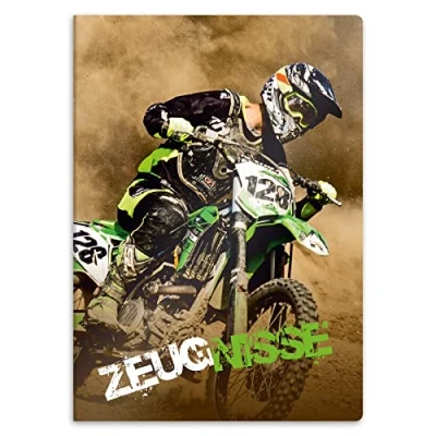 Abbildung von itenga Zeugnismappe mit Motiv DIN A4 stabile Dokumentenmappe Sichtbuch für Zeugnisse 20 Hüllen Kinder Jugendliche Schüler Mädchen Jungen (Motiv Motocross Motorrad)