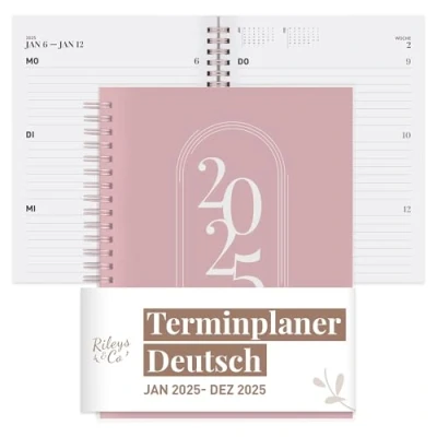 Abbildung von Rileys &amp; Co 2025 Planer Monatlicher und Wöchentlicher Agenda Planer, Flexibler Einband, Doppelspiralbindung, Notizseiten, 20,3 x 15,2 cm (8 6 Zoll), Rosa auf Deutsch