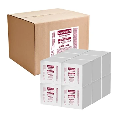 Abbildung von Medrull Mulltupfer Steril 5cm x Nicht klebende Wundauflagen Extra saugfähig 8 lagig Verpackt 5 Stück x20 Papierbeuteln 12 Boxen (1200 Stück)