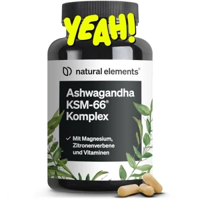Abbildung von Ashwagandha Komplex 600mg pro Tagesdosis 120 Kapseln mit KSM 66, Zitronenverbene, Magnesium, Folsäure und Vitamin C, B6 B12 hochdosiert &amp; vegan in Deutschland produziert laborgeprüft