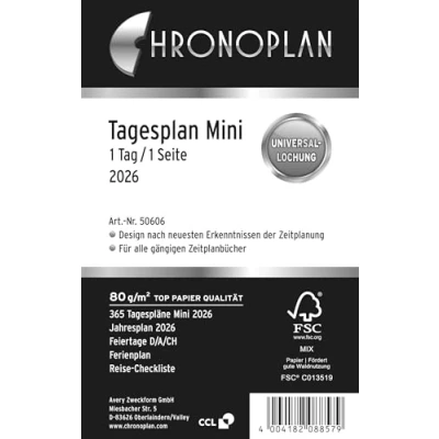 Abbildung von Chronoplan 50606 Kalendereinlage 2026 (Tagesplan Mini (79x125mm), Ersatzkalendarium für Terminplaner, Tagesplaner, ideal detaillierte Tagesplanung, 1 Tag auf Seite, mit Universallochung) weiß