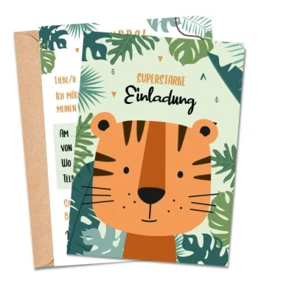 Abbildung von MeinBaby123® 10 Einladungskarten Kindergeburtstag Jungs und Mädchen Geburtstagseinladungen für Kinder Tiger Einladungskarte inkl. Briefumschläge Premium Qualität (Tiger V1)