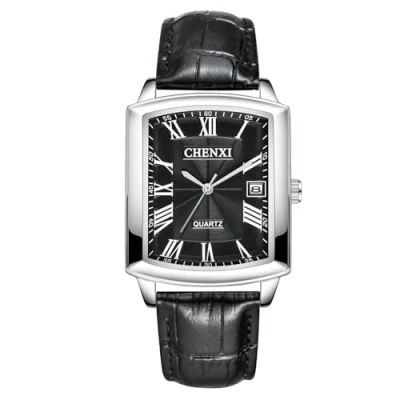 Abbildung von JewelryWe Uhren Herren Leder Rechteckig: 30m wasserdichte Kalender Analog Quarz Armbanduhr Männer Schwarz Echtleder Armband Uhr Herrenuhr mit Rechteck Römischen Zahlen Zifferblatt