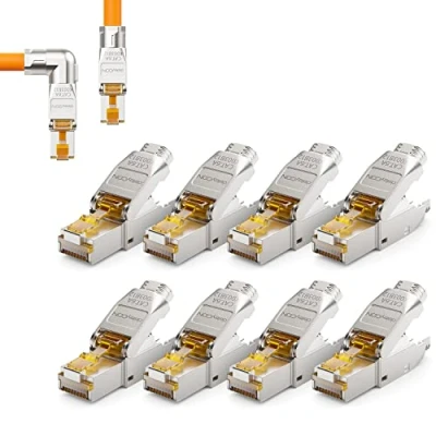 Abbildung von deleyCON 8x CAT 6a Netzwerkstecker 90 Winkel Stecker RJ45 Werkzeuglos Geschirmt 10 Gbit/s Netzwerk für Starre Verlegekabel Rohkabel Steckverbinder Ethernet LAN DSL Patchkabel