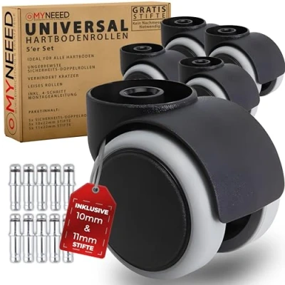 Abbildung von MYNEEED Universal Bürostuhl Rollen ohne Stifte, Mit 10mm / 11mm Stifte Hartbodenrollen Kratzerfrei und Leise Bürostuhlrollen für Laminat Parkett Fliesen 4 Schritt Anleitung