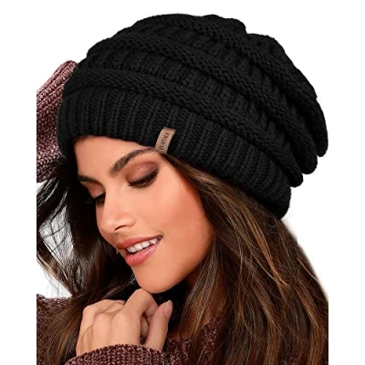 Abbildung von FURTALK Damen Beanie Mütze Warme Wintermütze mit Weichem Innenfutter Gefütterte Strickmütze,Schwarz,Einheitsgröße