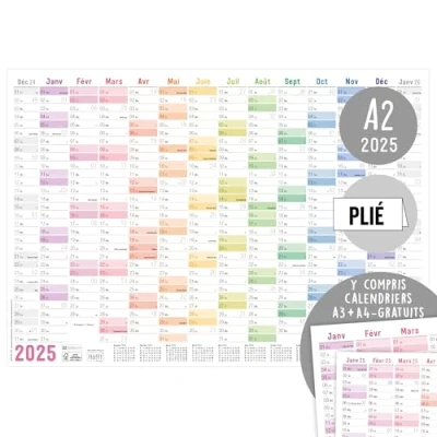 Abbildung von Häfft® Wandkalender 2025 A2 auf Französisch &quot;Rainbow&quot; (59,4 x 42 cm) gefalzt, Wandplaner mit französischen Feiertagen + extra A3 &amp; A4 Kalender nachhaltig klimafreundlich
