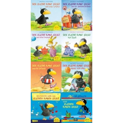 Abbildung von Pixi 8er Set 193: Der kleine Rabe Socke (8x1 Exemplar) (193): und seine Schätze; ... die Geheimniskrämer; ...und Socke; ABC Malbuch vom kleinen Raben