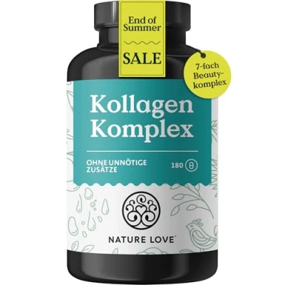 Abbildung von NATURE LOVE® Kollagen Komplex 180 Kapseln mit Hyaluron, Biotin, Selen, Zink, Vitamin C aus Acerola &amp; Silicium Bambusextrakt Collagen hochdosiert laborgeprüft und in Deutschland produziert
