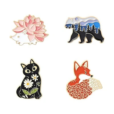 Abbildung von Emaille Anstecknadeln, Motiv: Wald, Garten, Fuchs, Katze, Bär, Igel, Tasche, Brosche, Cartoon, Tierabzeichen, Schmuck, Geschenk für Kinder und Freunde, 4 Stück, Legierter Stahl