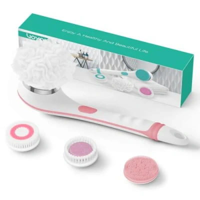 Abbildung von VOYOR rückenbürste duschbürste körperbürste Elektrisch mit langem stiel Wasserdichte Wiederaufladbare 4 Reinigungsköpfen für Spa Shower Exfoliating massagebürste BC100 (Rosa)