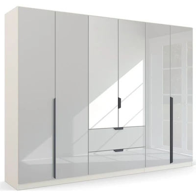 Abbildung von Rauch Möbel Modern by Quadra Spin Schrank Drehtürenschrank, Weiß/Glas Weiß, 6 trg. mit Spiegel, inkl. 3 Kleiderstangen, Einlegeböden, 2 Schubladen, BxHxT 271x210x54 cm