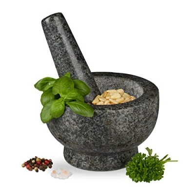 Abbildung von Relaxdays Granit Mörser mit Stößel, robust &amp; langlebig, Gewürze, Kräuter, polierter Steinmörser, Ø 13 cm, 250 ml, grau