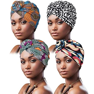 Abbildung von DRESHOW 4 Stücke Afrikanischen Turban für Damen Soft Vorgebunden Knot Mode Plissee Hut Mütze Kopfwickel Schlafmütze
