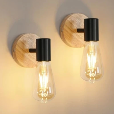 Abbildung von Comely 2 Stück Wandleuchte Vintage, Retro Wandlampe aus Hölzern Schwarz E27, Industrial Innen für Schlafzimmer, Wohnzimmer, Treppen, Flur (ohne Leuchtmittel)