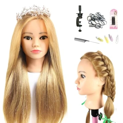 Abbildung von Schaufensterpuppe Kopf 20Inch Weiblich 80% Echthaar Friseur Kosmetologie Ausbildung Haar Puppe mit Tischklemme Halter (27#, 20Inch)