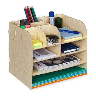 Abbildung von Relaxdays Schreibtisch Organizer mit Dokumentenablage, 10 Fächer, HBT: 27,5 x 32,5 25 cm, Büroorganizer MDF, hellbraun