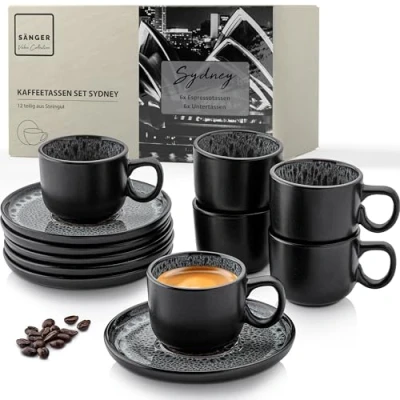 Abbildung von SÄNGER Sydney Espressotassen Set Steingut 12 teilig, Mokka Tassen 6 Personen, &amp;Untertassen Espresso spülmaschinenfest mikrowellenfest Tassenset dunkel grau 80 ml VALUE COLLECTION