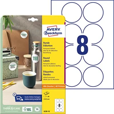 Abbildung von AVERY Zweckform 6228 10 runde Etiketten (80 Klebepunkte, Ø69mm auf A4, Aufkleber zum Bedrucken, selbstklebende Produktetiketten, permanent haftende Marmeladenetiketten) Blatt, weiß