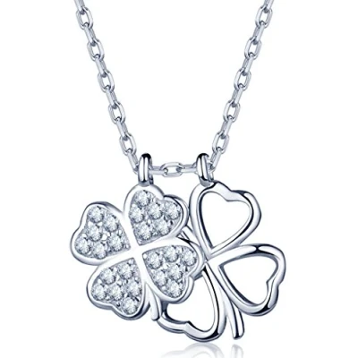 Abbildung von Unendlich U Elegant Doppel Vierblättrige Kleeblatts Damen Halskette 925 Sterling Silber Zirkonia Anhänger Verstellbare Kette,