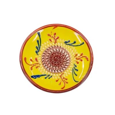 Abbildung von Kaladia Keramik Reibeteller/Keramikhobel ideal für Ingwer, Parmesan etc. Motiv: Gelb &amp; Rot Durchmesser: 12 cm handgemacht handbemalt Made in Spain