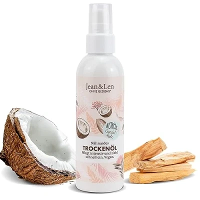 Abbildung von Jean &amp; Len Nährendes Trockenöl Kokos Sandelholz, für den Körper das Gesicht, pflegt intensiv zieht schnell ein, auch die Haarspitzen geeignet, Hautöl, ohne Parabene Silikone, vegan, 100 ml