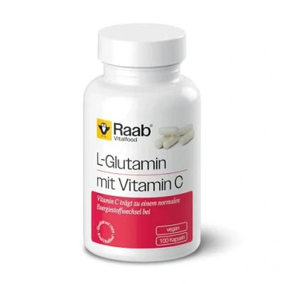 Abbildung von Raab Vitalfood L Glutamin mit natürlichem Vitamin C aus Acerola; 100 Kapseln, vegan, glutenfrei, hergestellt