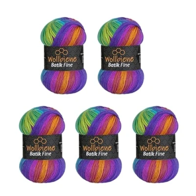 Abbildung von 5 x 100g Wollbiene Batik Fine 500 Gramm Wolle mit Farbverlauf mehrfarbig Multicolor Strickwolle Häkelwolle (1510 lila blau grün)