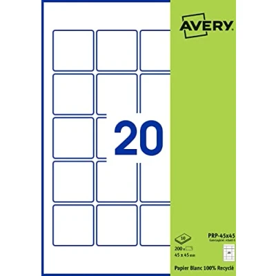 Abbildung von AVERY Packung mit 200 selbstklebenden Etiketten, quadratisch, Recyclingpapier, Format 45 x mm, personalisierbar und bedruckbar Laser, Tintenstrahl Kopierer (PRP 45X45.Fr)