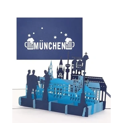 Abbildung von Pop Up Karte „München Skyline München &amp; Bayrisches Bier“ 3D Geburtstagskarte aus Bayern als Deko Souvenir, Einladungskarte, Geschenkgutschein Reisegutschein zum Oktoberfest