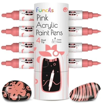 Abbildung von 4 Dual Tip Rosa Metallic Acrylmarker Feine &amp; Mittlere Spitzen Stifte für Metall, Holz, Leinwand, Stein, Keramik, Glas, Stoff, Kunststoff Wasserbasierte, Schnelltrocknende Tinte