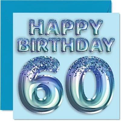 Abbildung von Stuff4 Geburtstagskarte zum 60. Geburtstag für Männer Blauer Glitzer Partyballon Happy Birthday Karten 60 Jahre alten Mann, Onkel, Großvater, Vater, Opa Oma, 145 mm x mm,